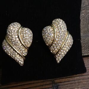 Vintage CHRISTIAN DIOR Pave Rhinestone Gold Plated Shell Shape Clip On EARRINGS